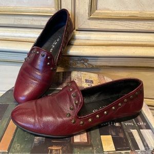 Jonak Paris Maroon Burgundy Leather Studded Stud Slip on Loafer Shoes
